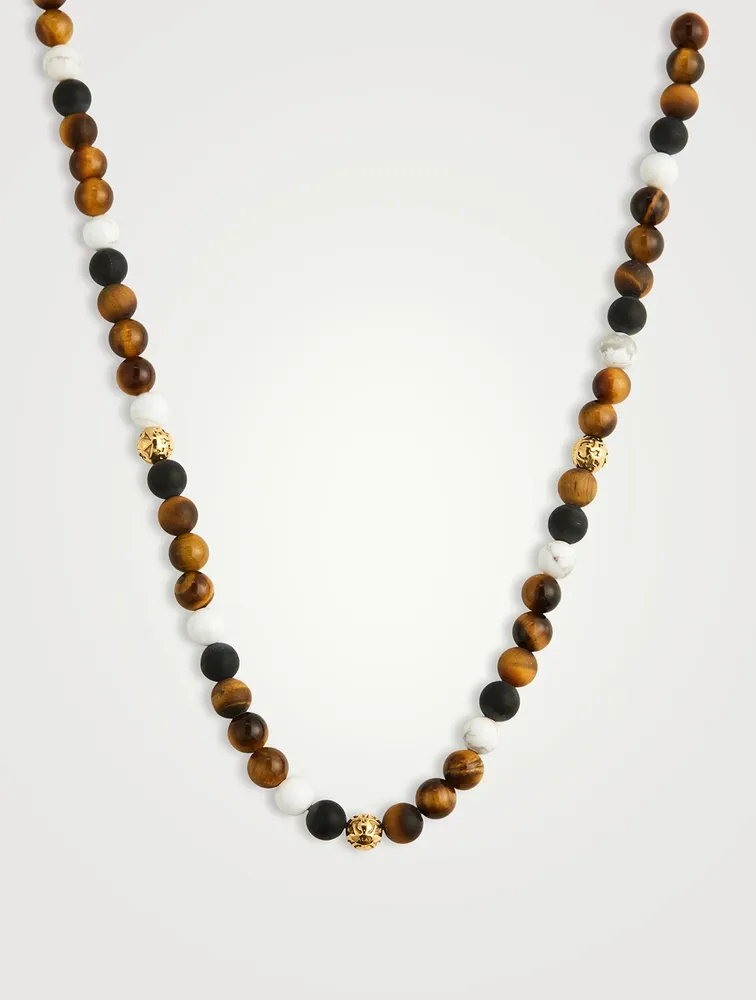 Beaded Necklace With Brown Tiger Eye, Howlite, And Onyx