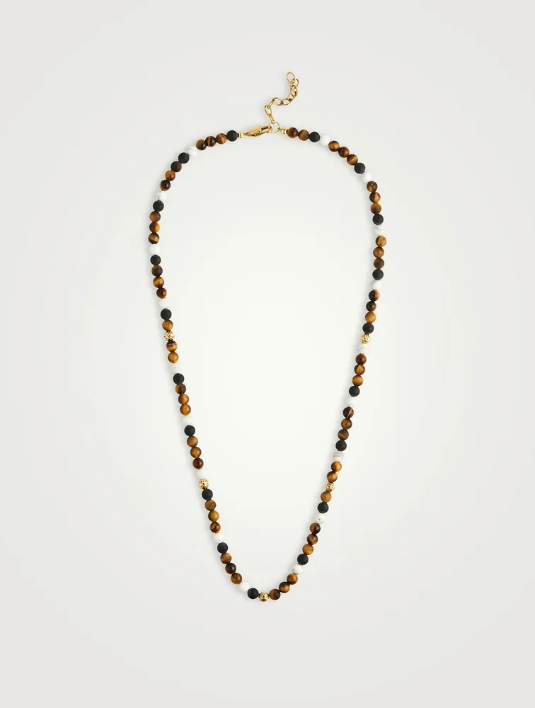 Beaded Necklace With Brown Tiger Eye, Howlite, And Onyx