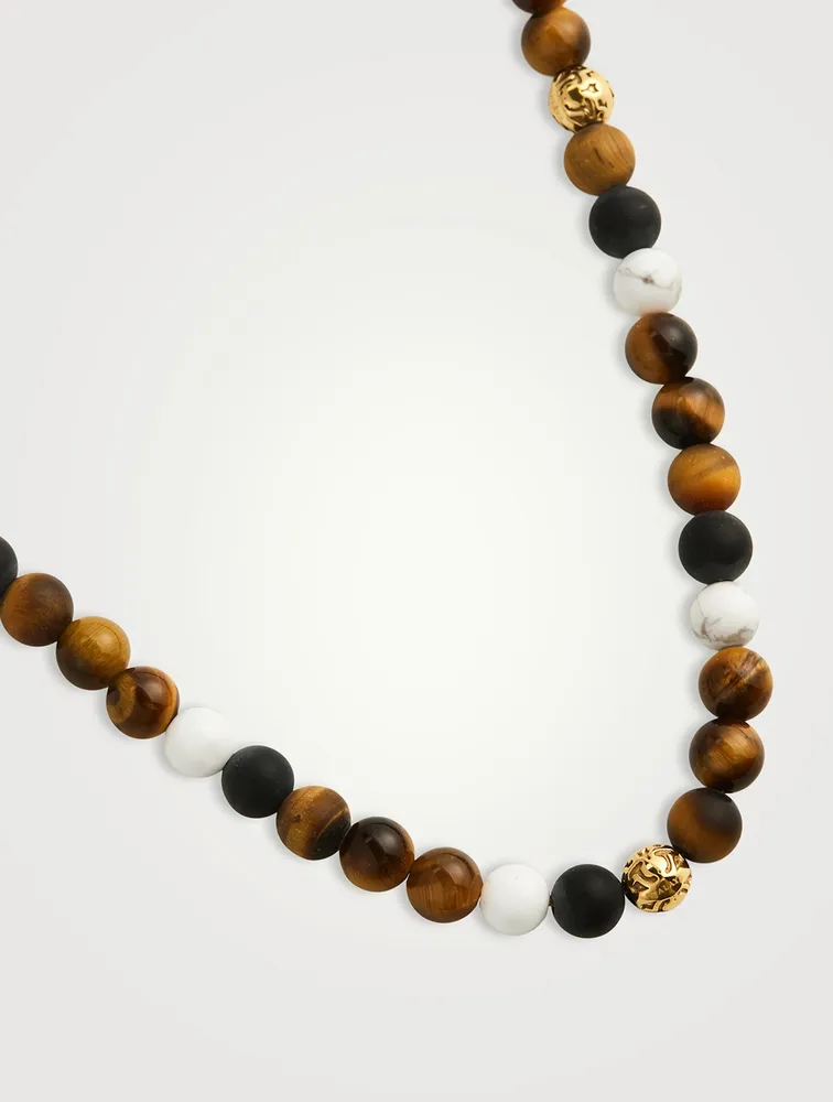 Beaded Necklace With Brown Tiger Eye, Howlite, And Onyx