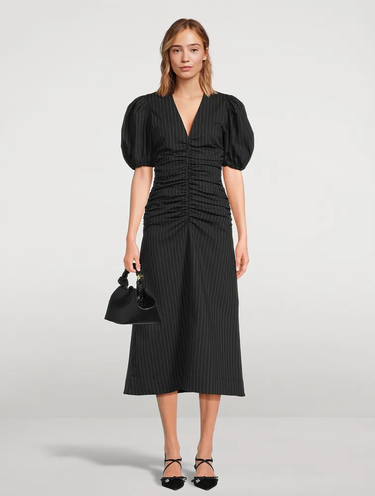 Ruched Midi Dress Pinstripe Print