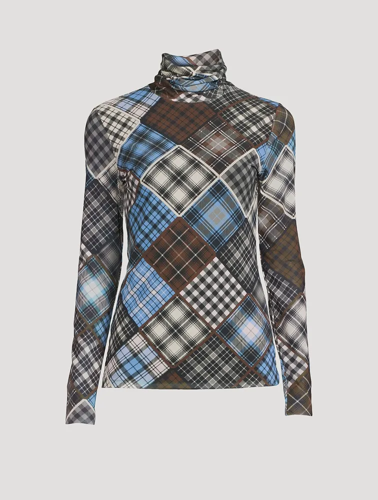 Mesh Turtleneck Check Print