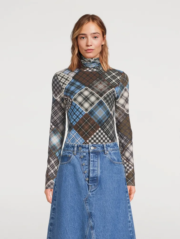 Mesh Turtleneck Check Print