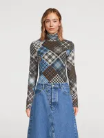 Mesh Turtleneck Check Print