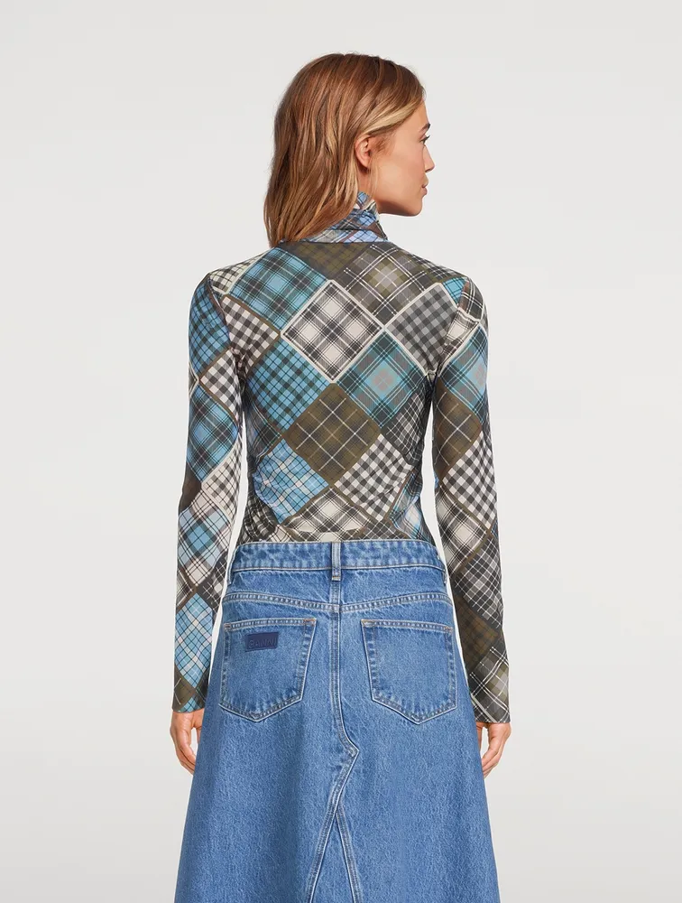 Mesh Turtleneck Check Print