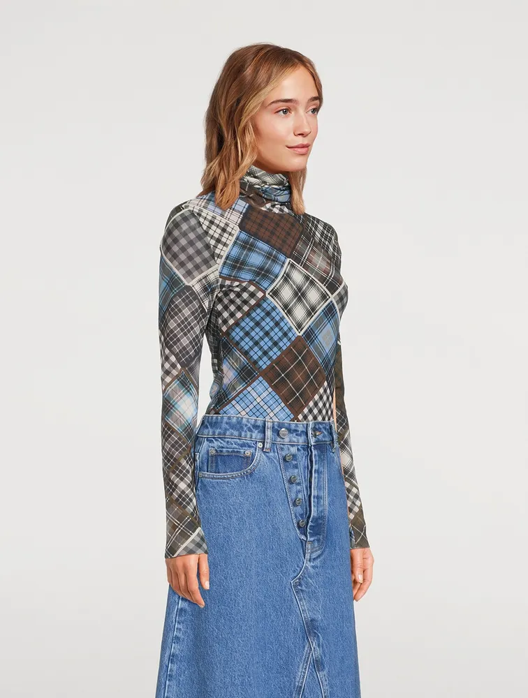 Mesh Turtleneck Check Print
