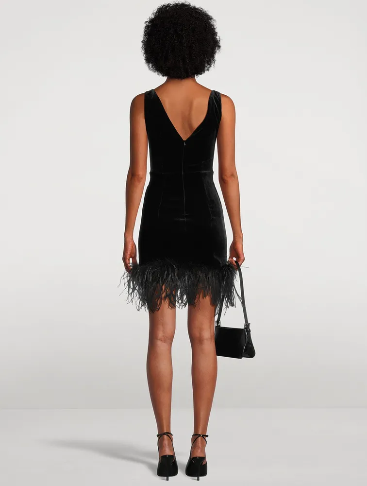 Feather-Trimmed Velvet Mini Dress