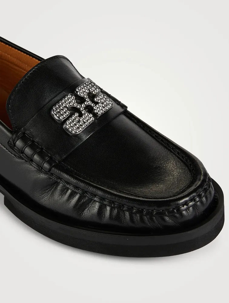 Rhinestone Logo Leather Loafers