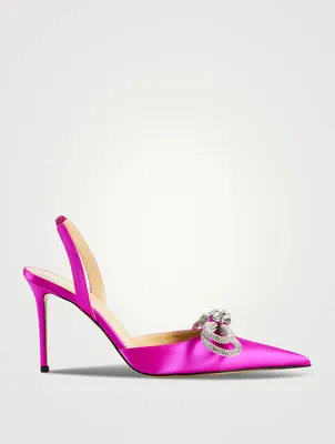 Double Bow Crystal-Embellished Satin Slingback Pumps