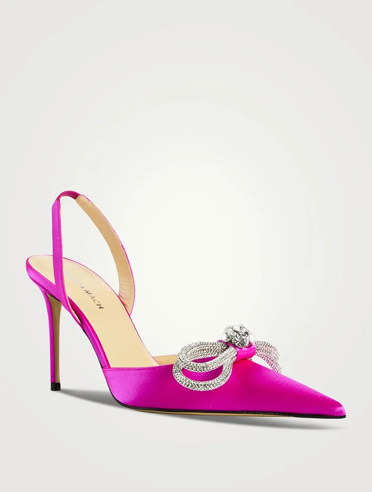 Double Bow Crystal-Embellished Satin Slingback Pumps