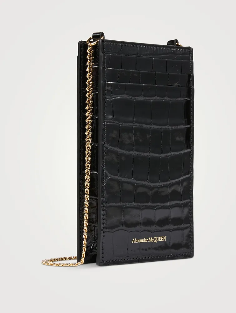 Skull Croc-Embossed Leather Crossbody Phone Case