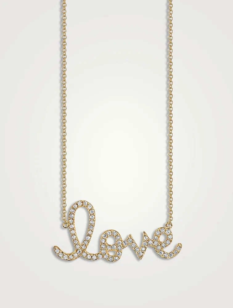 Large 14K Gold Love Script Pendant Necklace With Diamonds