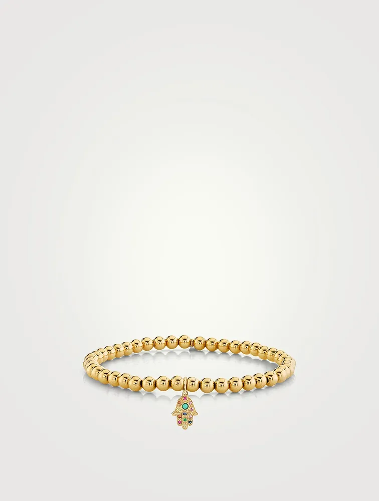 Beaded Bracelet With 14K Gold Rainbow Sapphire Hamsa Charm