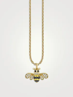 Large 14K Gold Bee Pendant Necklace With Diamonds And Sapphire