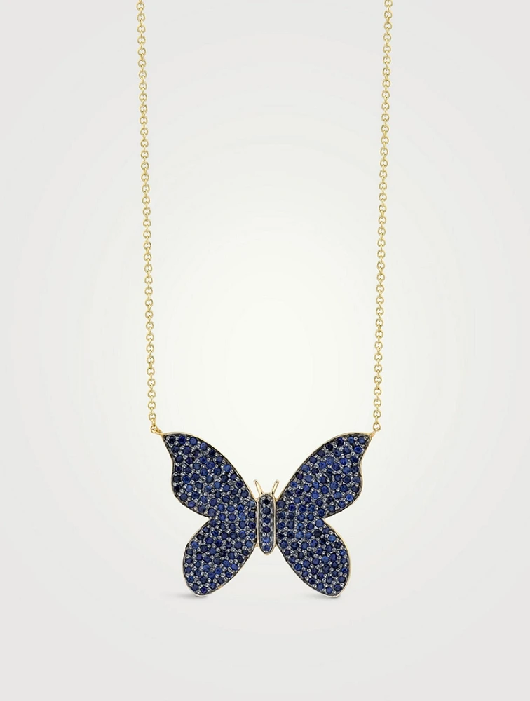 Large 14K Gold Pavé Butterfly Necklace With Blue Sapphire And Diamonds