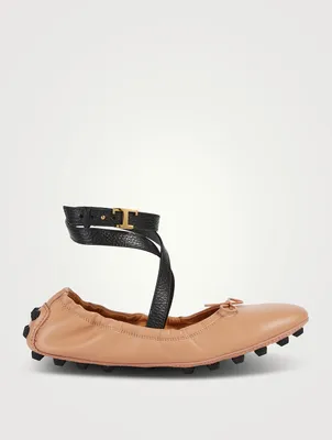 Bubble Leather Ballet Flats With Ankle Strap