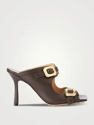 Stretch Leather Buckle Mules