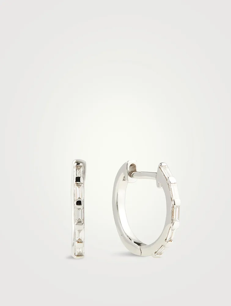 18K White Gold Diamond Baguette Mini Huggie Hoop Earrings