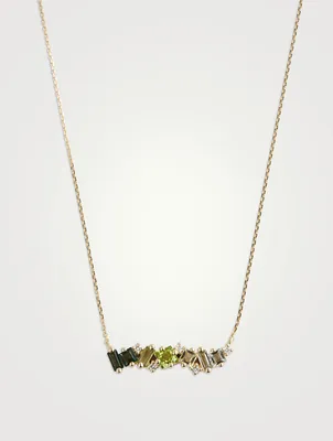 Gold Mix Stone Bar Necklace With Diamonds