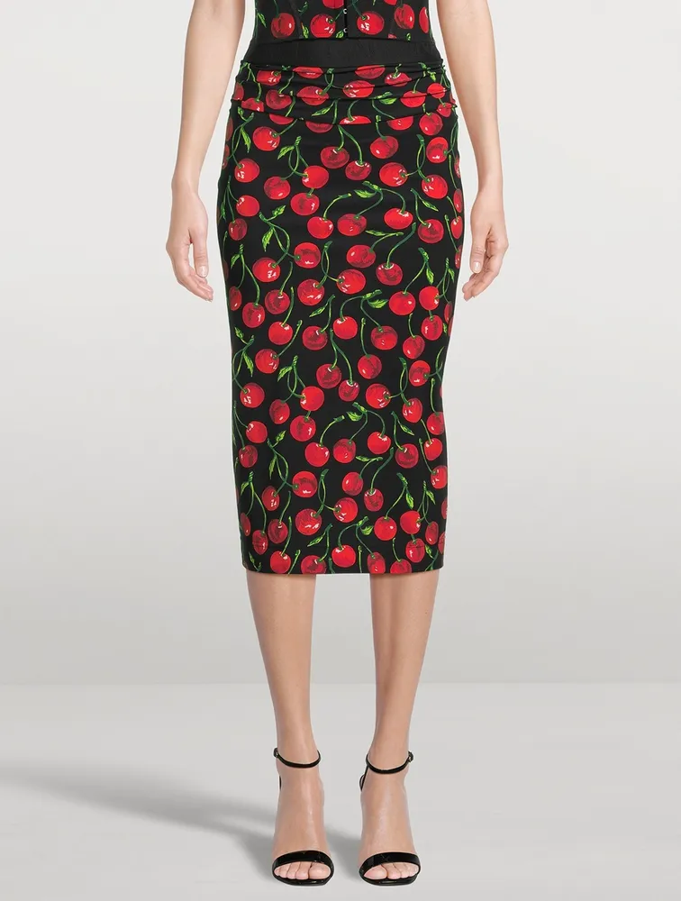 Stretch Midi Skirt Cherry Print