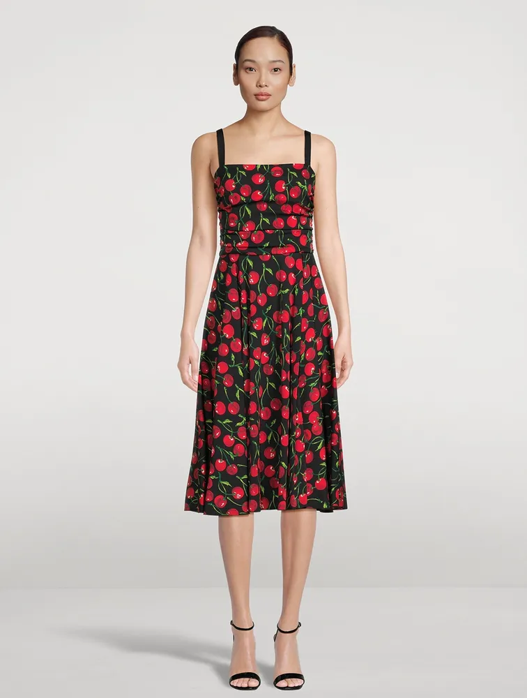 Stretch-Silk Midi Dress Cherries Print