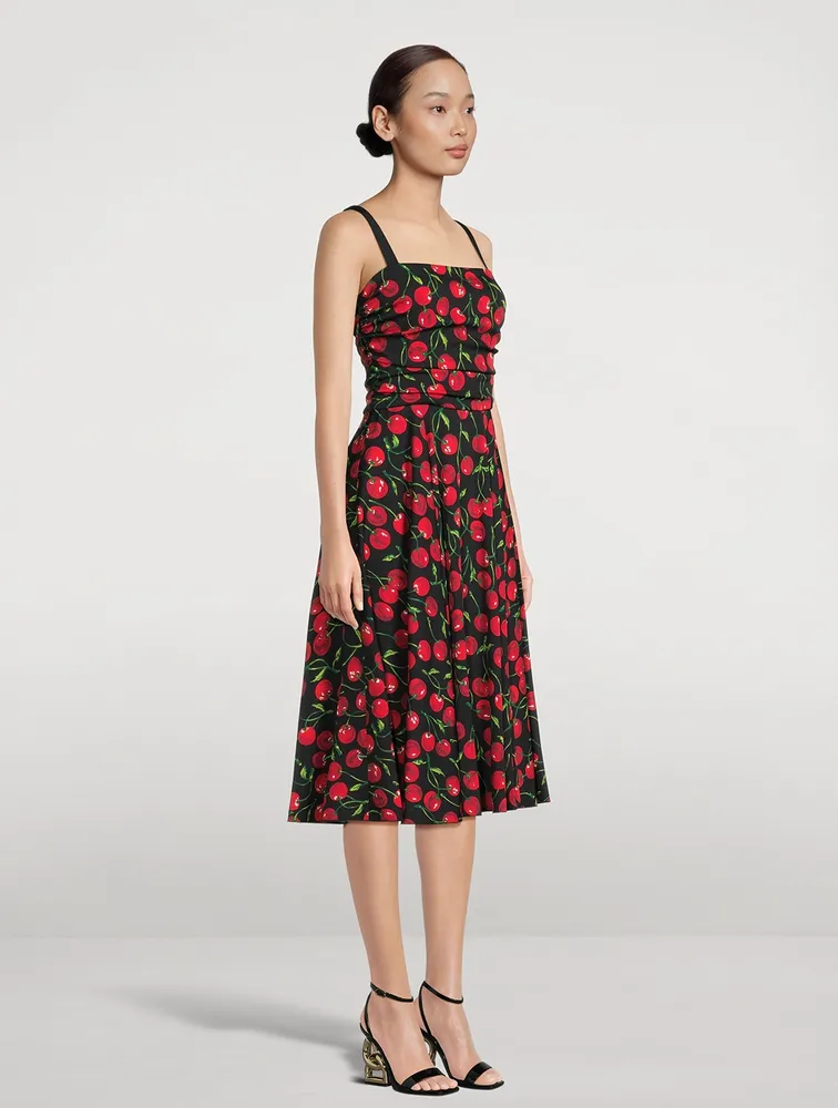 Stretch-Silk Midi Dress Cherries Print