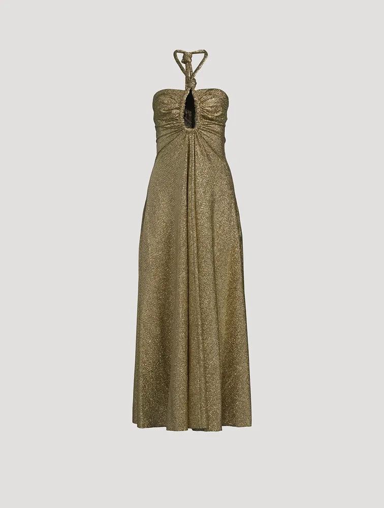 Metallic Jersey Halter Long Dress