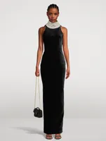 Pearl-Embellished Velvet Halter Gown