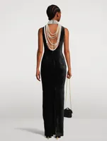 Pearl-Embellished Velvet Halter Gown