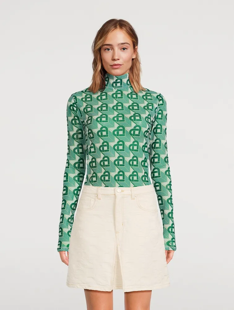 Mesh Turtleneck Heart Monogram Print