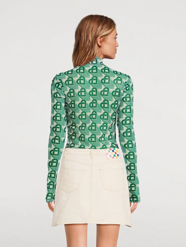 Mesh Turtleneck Heart Monogram Print