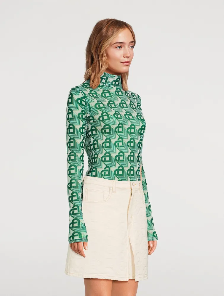 Mesh Turtleneck Heart Monogram Print