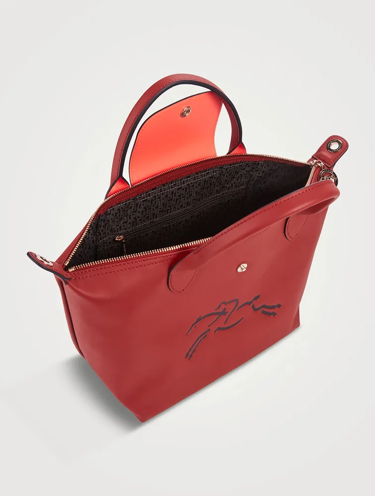 Longchamp Le Pliage Leather Top Handle Leather Tote Handbag in Red