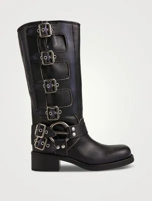 Buckle Leather Mid-Calf Boots