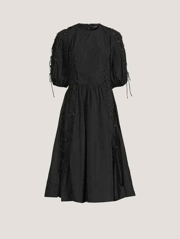 Puff-Sleeve Midi Dress With Corset Lacing