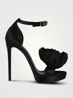 Keira Flower-Trimmed Satin Platform Sandals