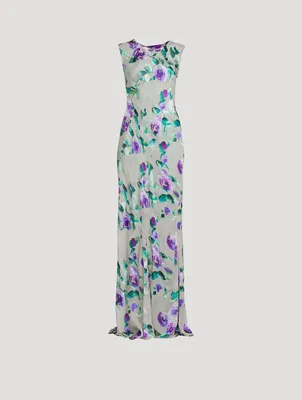 Devona Bias-Cut Satin Maxi Dress Floral Print