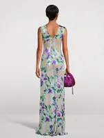 Devona Bias-Cut Satin Maxi Dress Floral Print