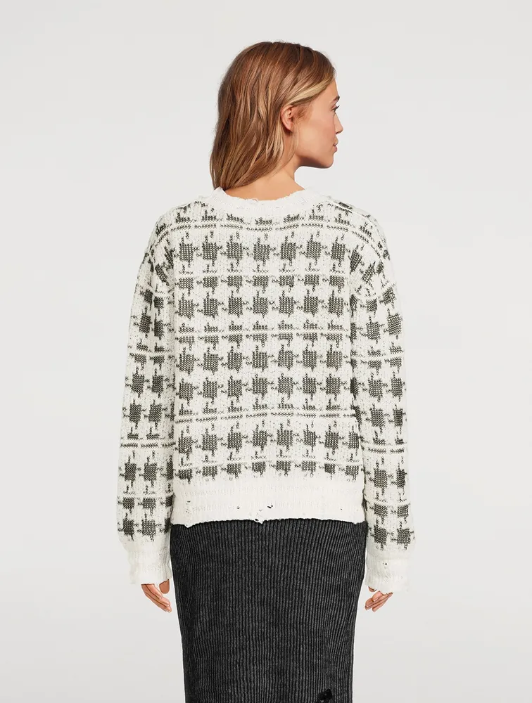 Houndstooth Jacquard Distressed Sweater