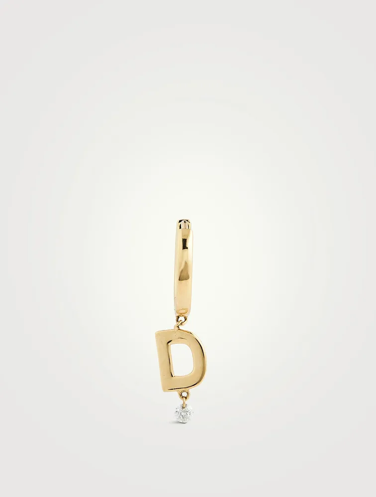 18K Gold Alphabet D Hoop Earring With Diamond