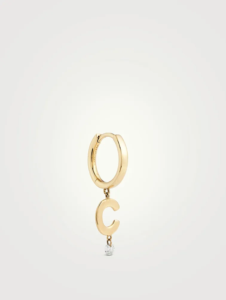 18K Gold Alphabet C Hoop Earring With Diamond