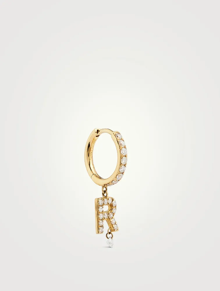 18K Gold Alphabet R Hoop Earring With Diamonds