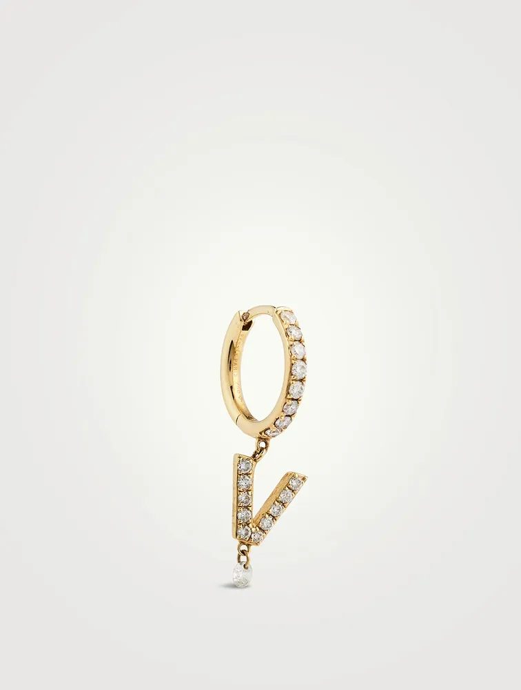 18K Gold Alphabet V Hoop Earring With Diamonds