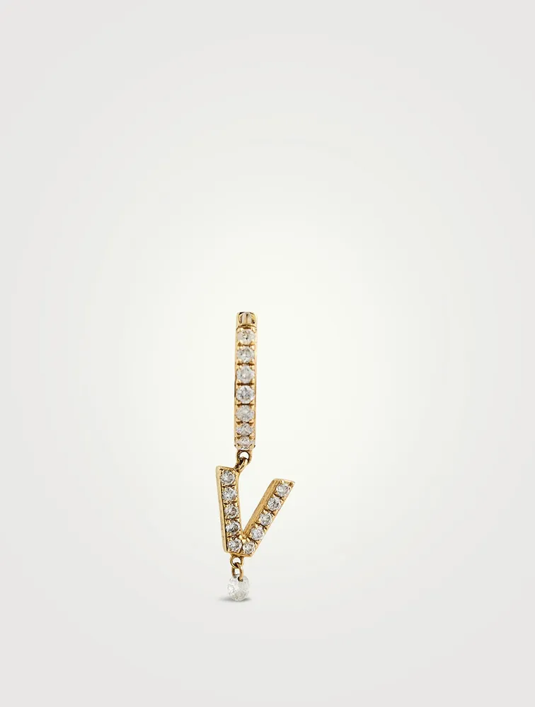 18K Gold Alphabet V Hoop Earring With Diamonds