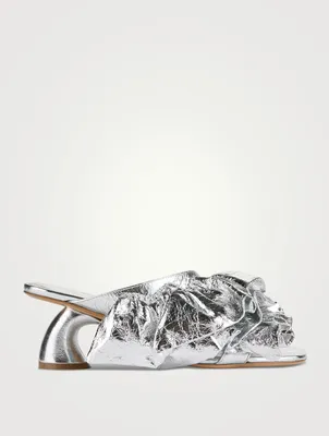 Curved-Heel Ruffled Metallic Leather Mules