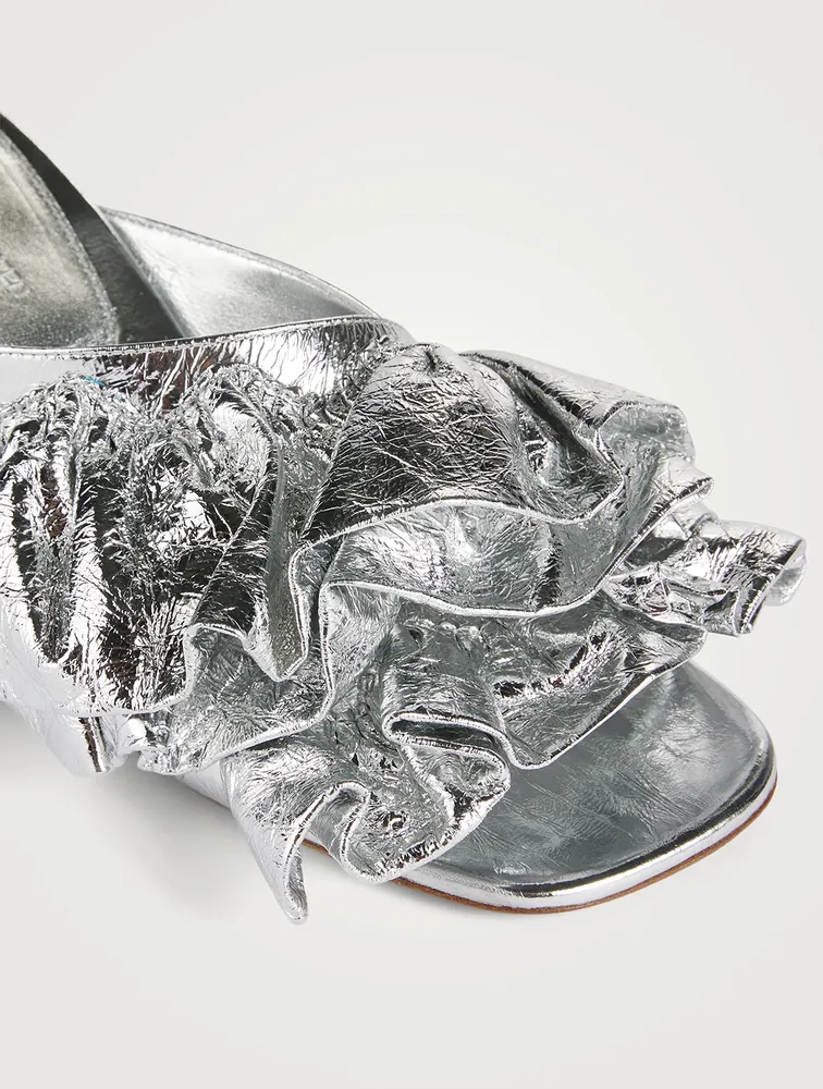 Curved-Heel Ruffled Metallic Leather Mules