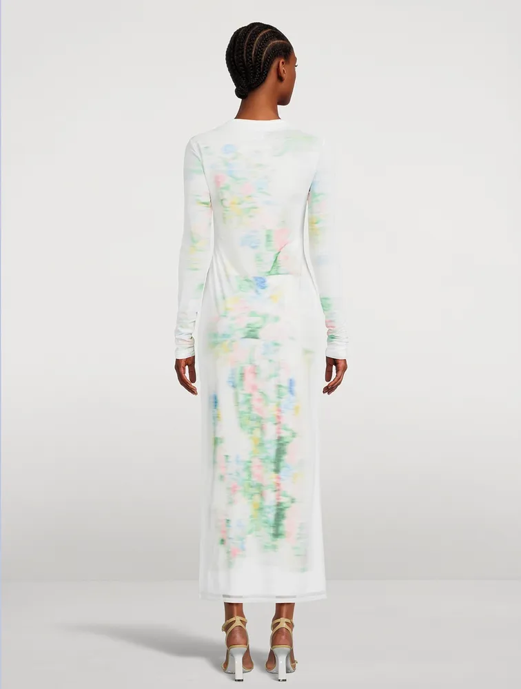 Mesh Maxi Dress Blurred Print