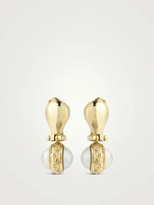 VIntage 18K Gold Drop Earrings With Mabe Pearls And Diamonds