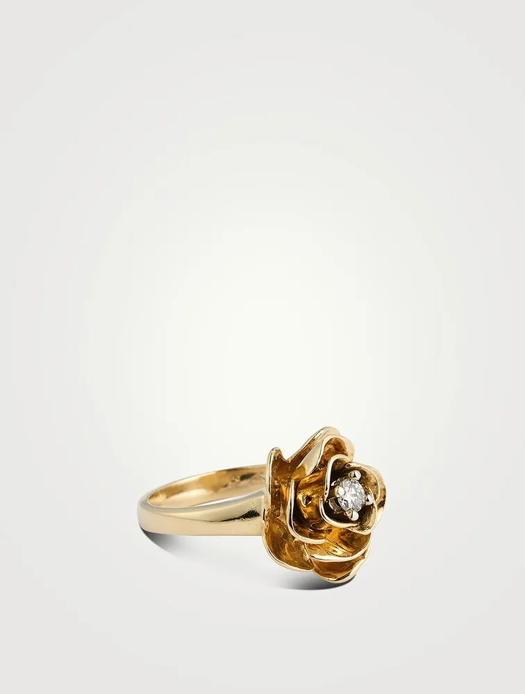 Vintage 14K Gold Flower Ring With Diamond