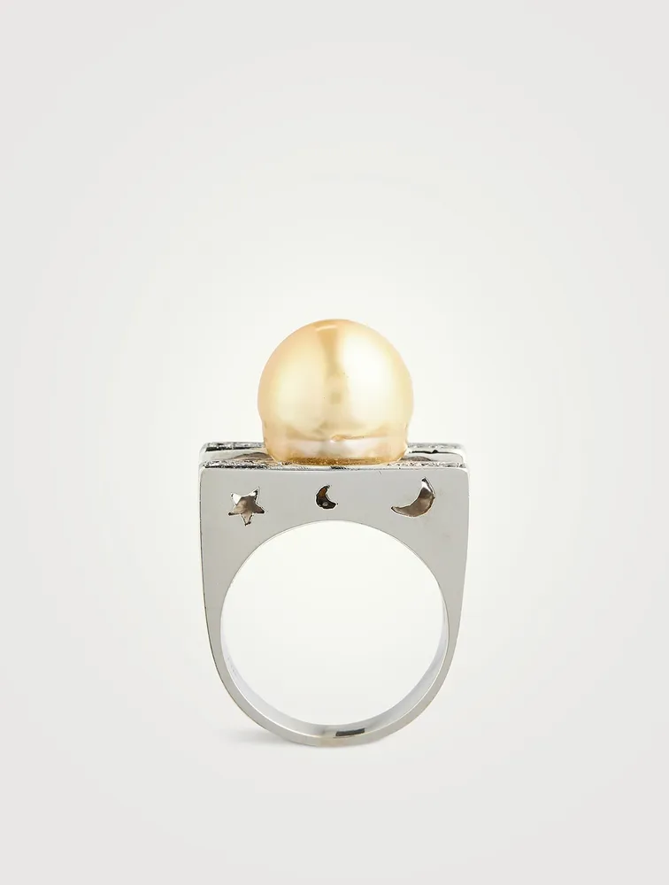 Vintage 14K White Gold South Sea Pearl Ring With Diamonds