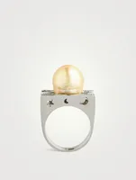 Vintage 14K White Gold South Sea Pearl Ring With Diamonds